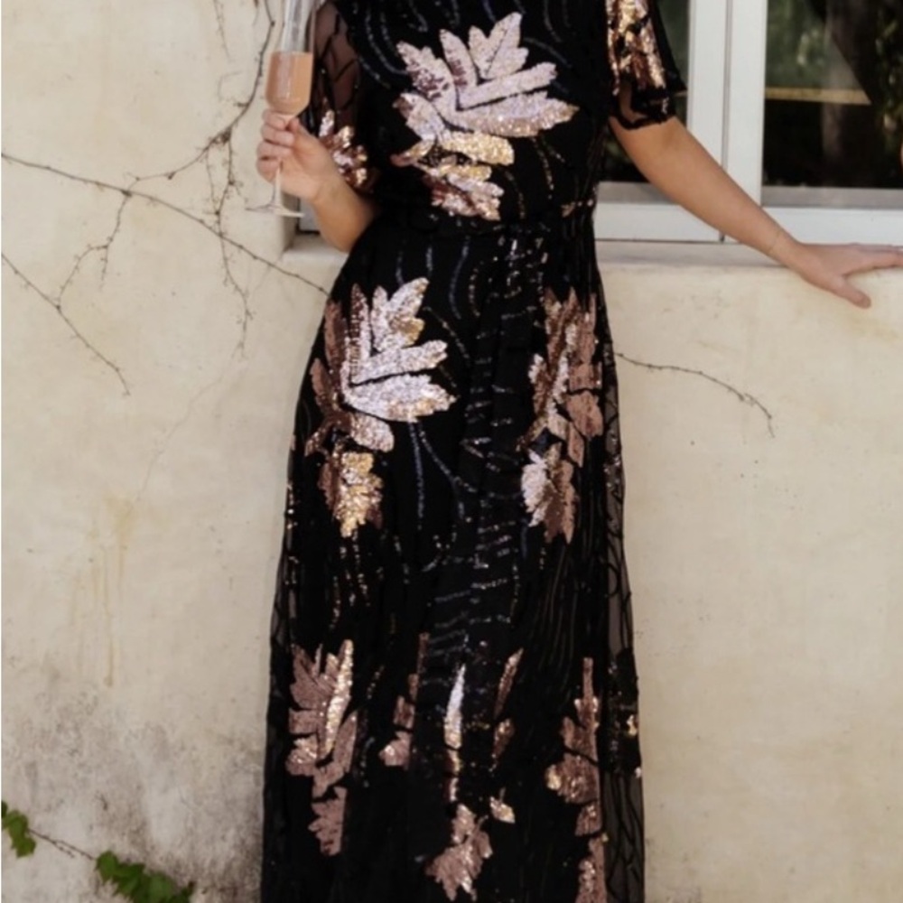Baltic Born Muse Sequin Maxi Dress Black Rose Gold Flutter Sleeve Size 4 - Picture 9 of 11
